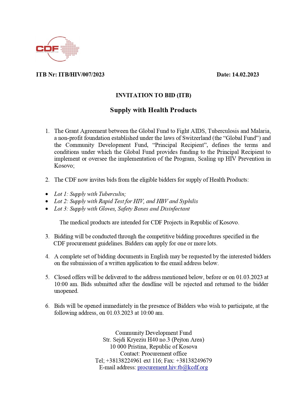 INVITATION TO BID - Supply with Health Products